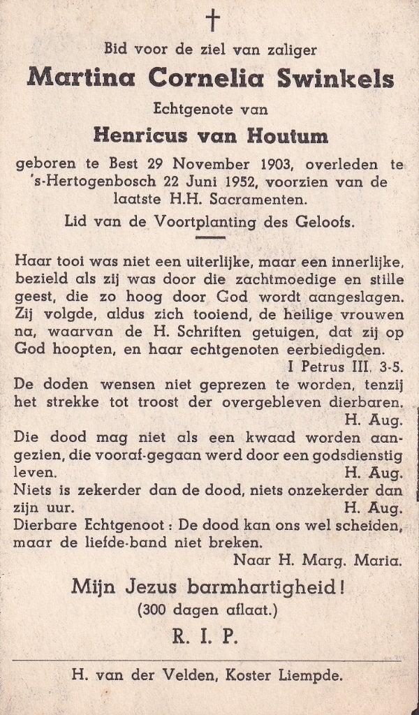 Swinkels Martina 1903 Best 1952 Den Bosch, Verzamelen, Ophalen of Verzenden, Bidprentje