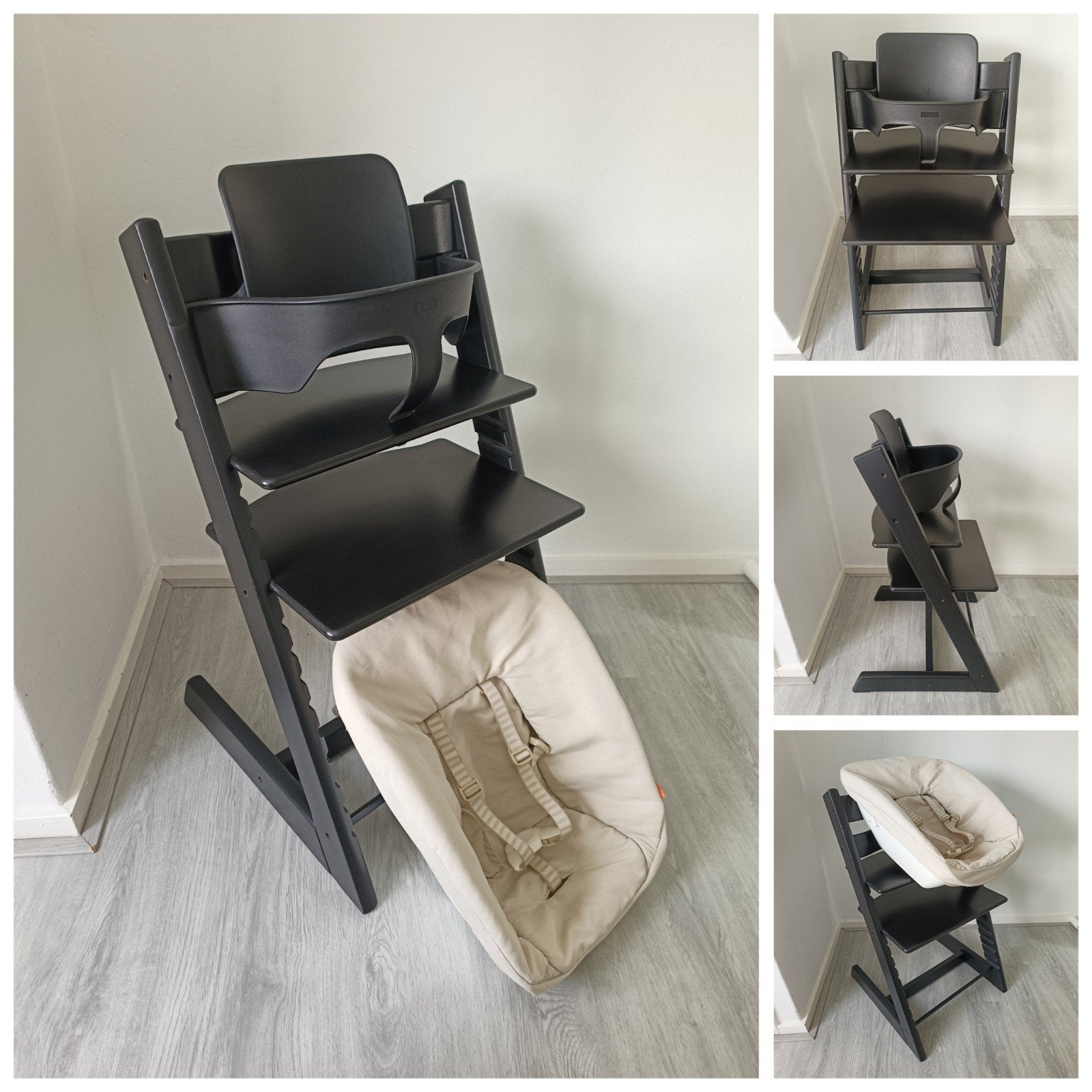 Stokke Tripp Trapp zwart met babyset en newbornset, Kinderen en Baby's, Kinderstoelen, Zo goed als nieuw, Meegroeistoel, Aanschuifbaar