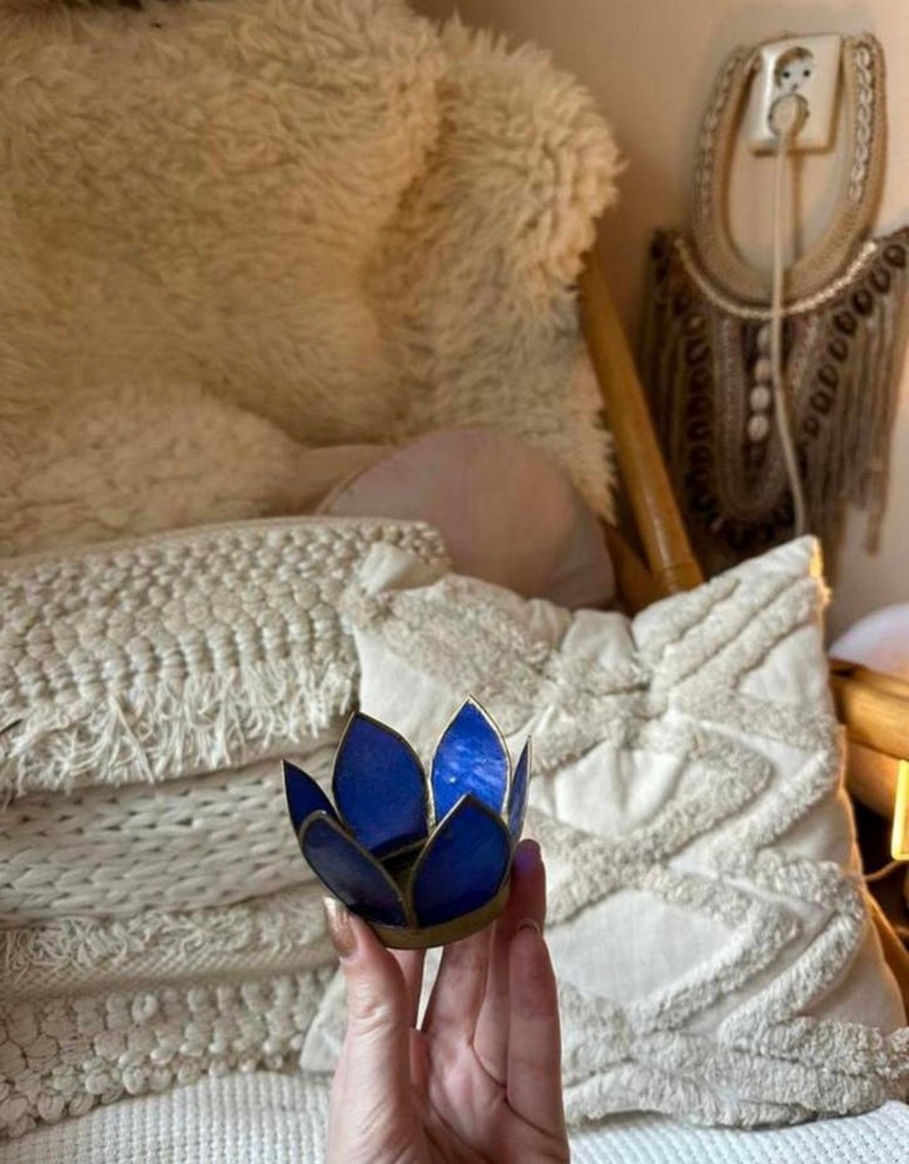Lotus sfeerlicht / kaarsenhouder met blauwe schelpen, Ophalen of Verzenden, Zo goed als nieuw, Blauw