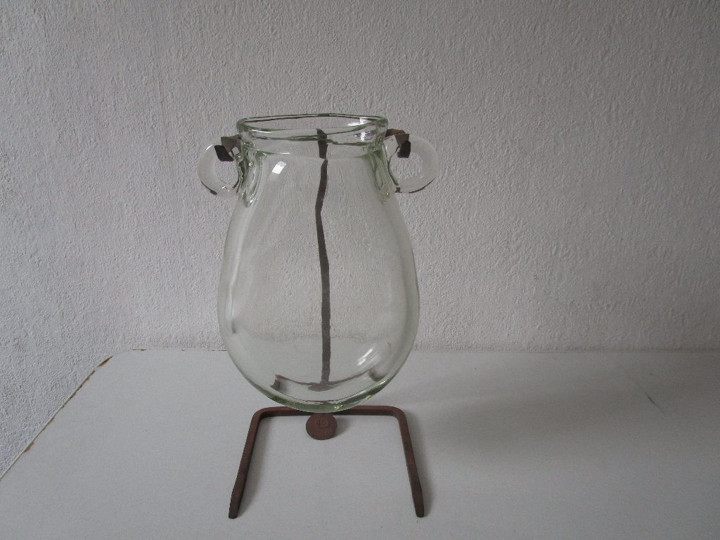Hysteria glazen vaas met oren, op standaard. UNIEK, Gebruikt, Overige kleuren, Ophalen of Verzenden, Glas
