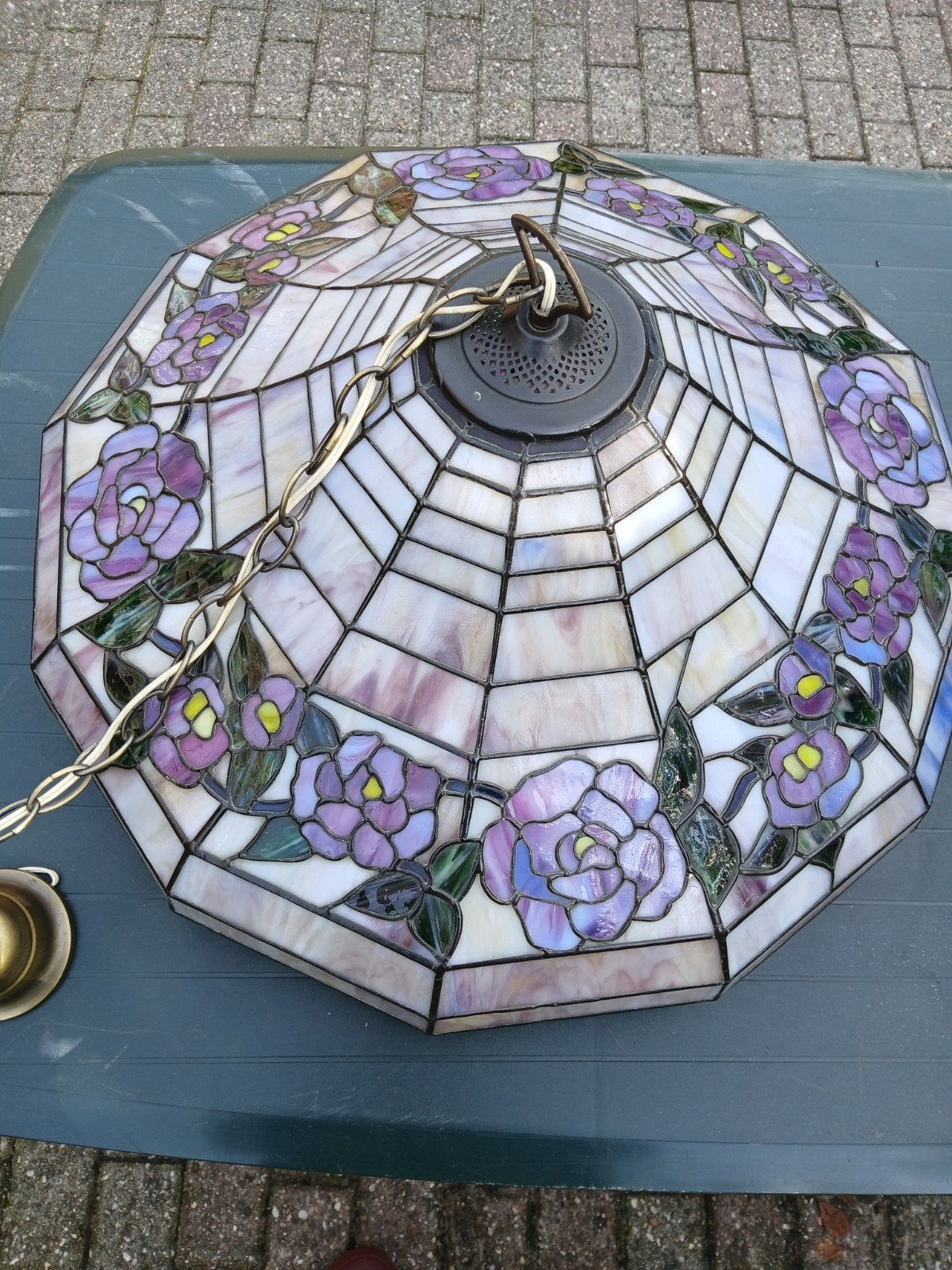 Prachtige Tiffany Stijl Hanglamp met Paarse Bloemen, Gebruikt, E27 (groot), Ophalen of Verzenden, Tiffany