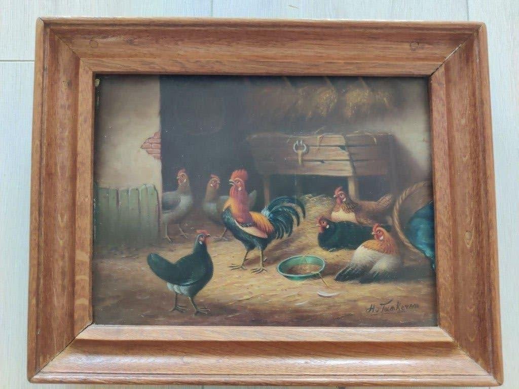 Schilderij kippen Hermanus van Tankeren, Ophalen of Verzenden