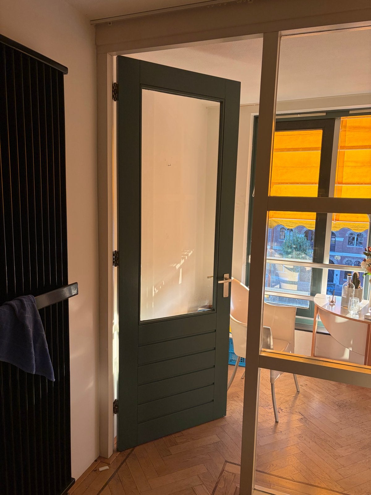 2 x Donkergroene binnendeur met glas en panelen, Ophalen, Gebruikt, 80 tot 100 cm, 215 cm of meer
