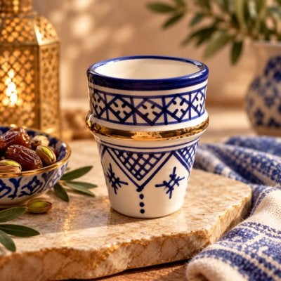 Marokkaans Keramiek Kopje – Handgemaakt Fez | Blauw Goud, Keramiek, Nieuw, Ophalen of Verzenden, Overige stijlen