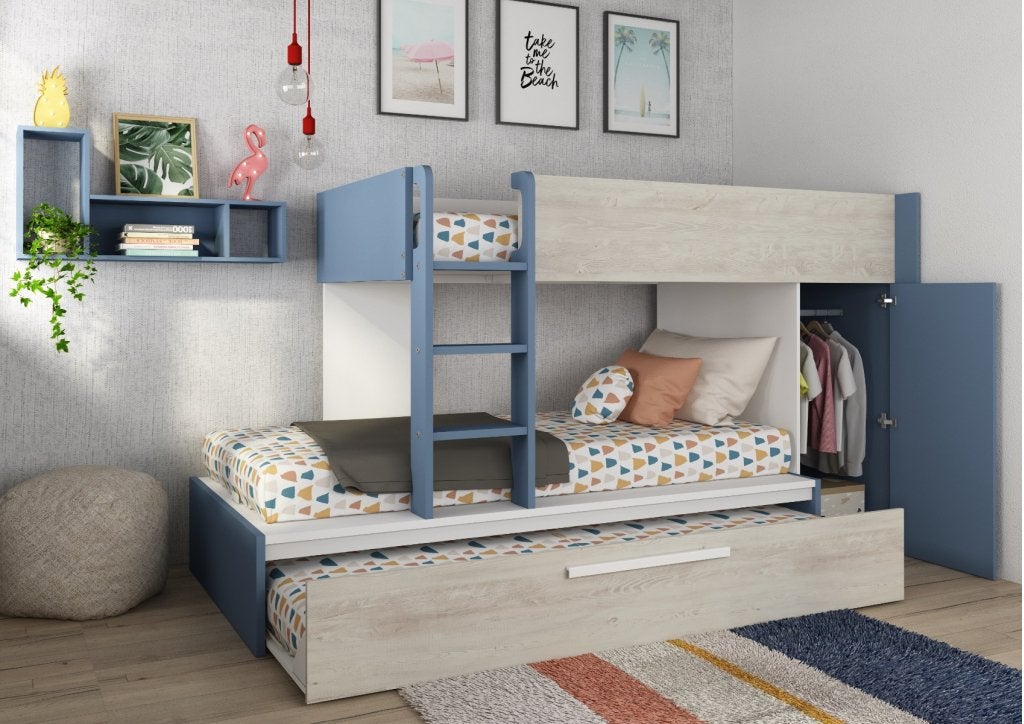 Jules stapelbed met kast en slaaplade - 90x200 - Blauw, Niet ingevuld, Niet ingevuld, Niet ingevuld