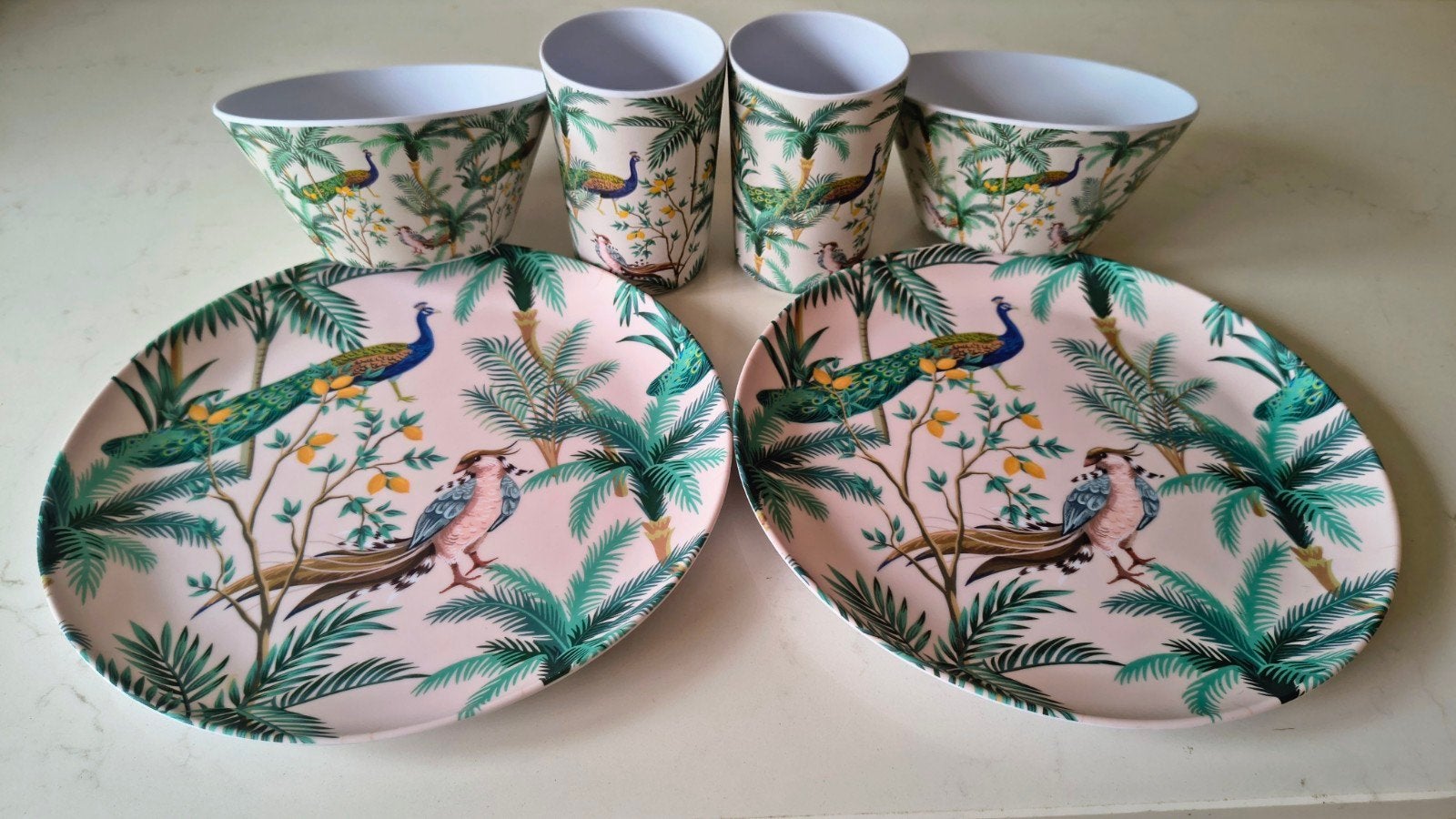 Excellent Houseware servies met pauwen en palmbomen, Kunststof, Overige merken, Nieuw, Ophalen of Verzenden