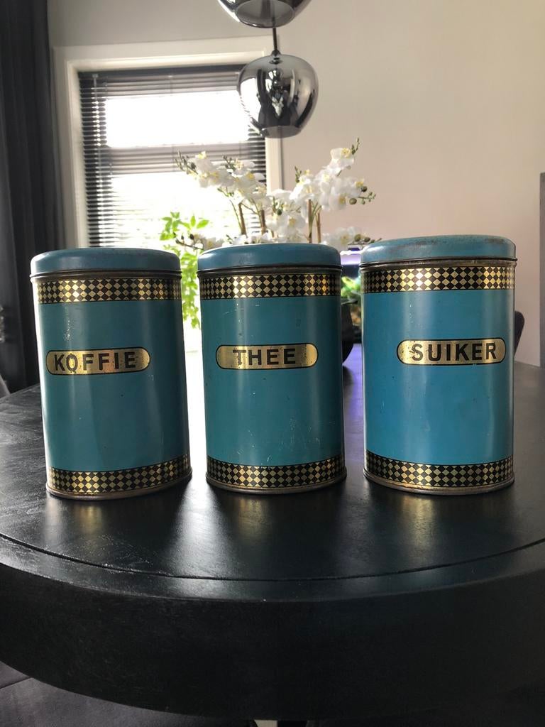 Antieke bussenset koffie thee suiker blauw voorraadbussen, Antiek en Kunst, Ophalen of Verzenden