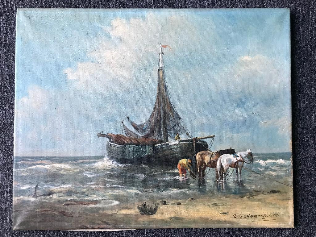 Schilderij P. Verberghem Bomschuit Zee Paarden Strand Schip, Ophalen of Verzenden