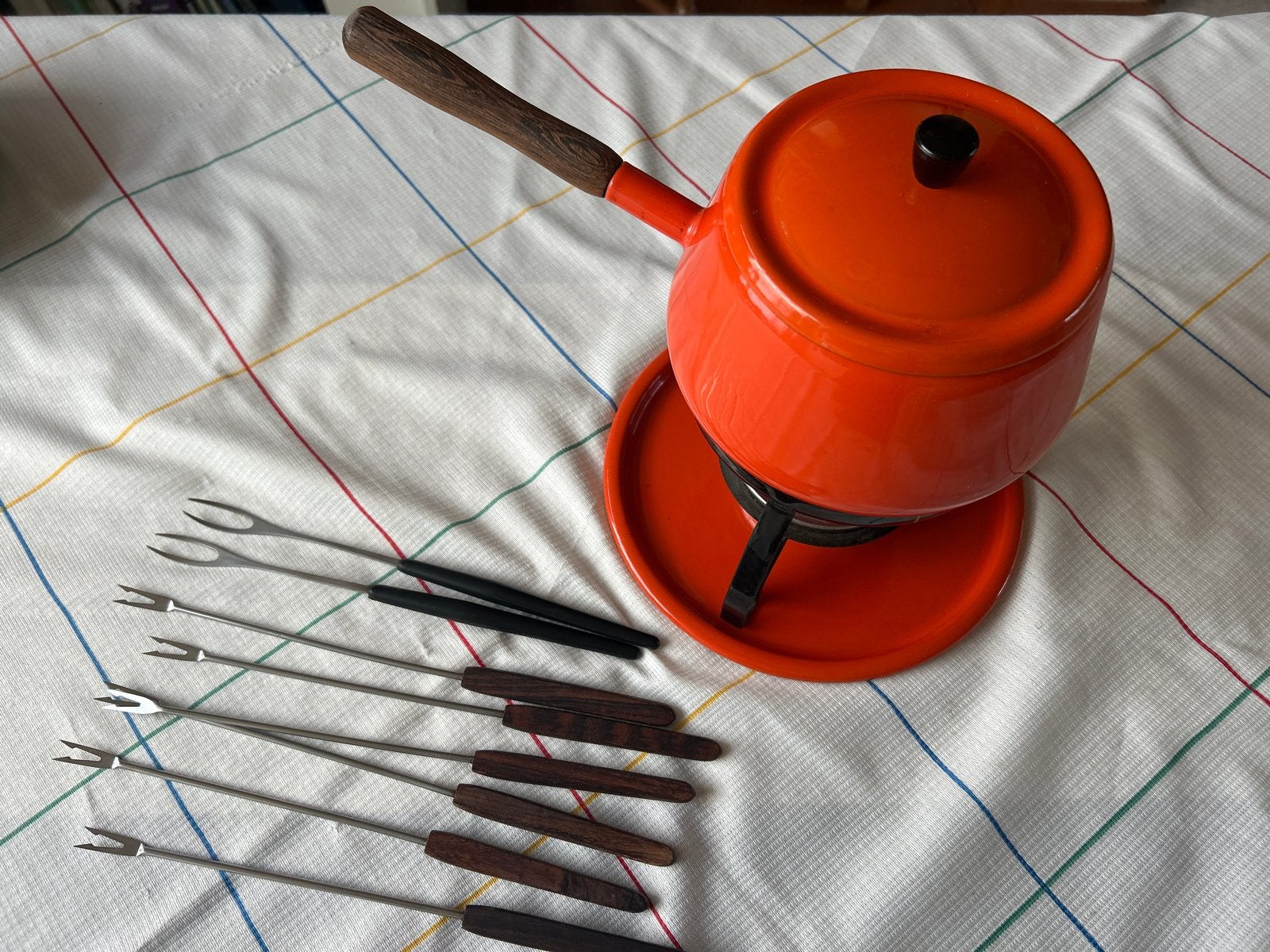 Vintage Oranje Geëmailleerde Fondueset Jaren '60, Ophalen, Gebruikt, Brander, Fondueset