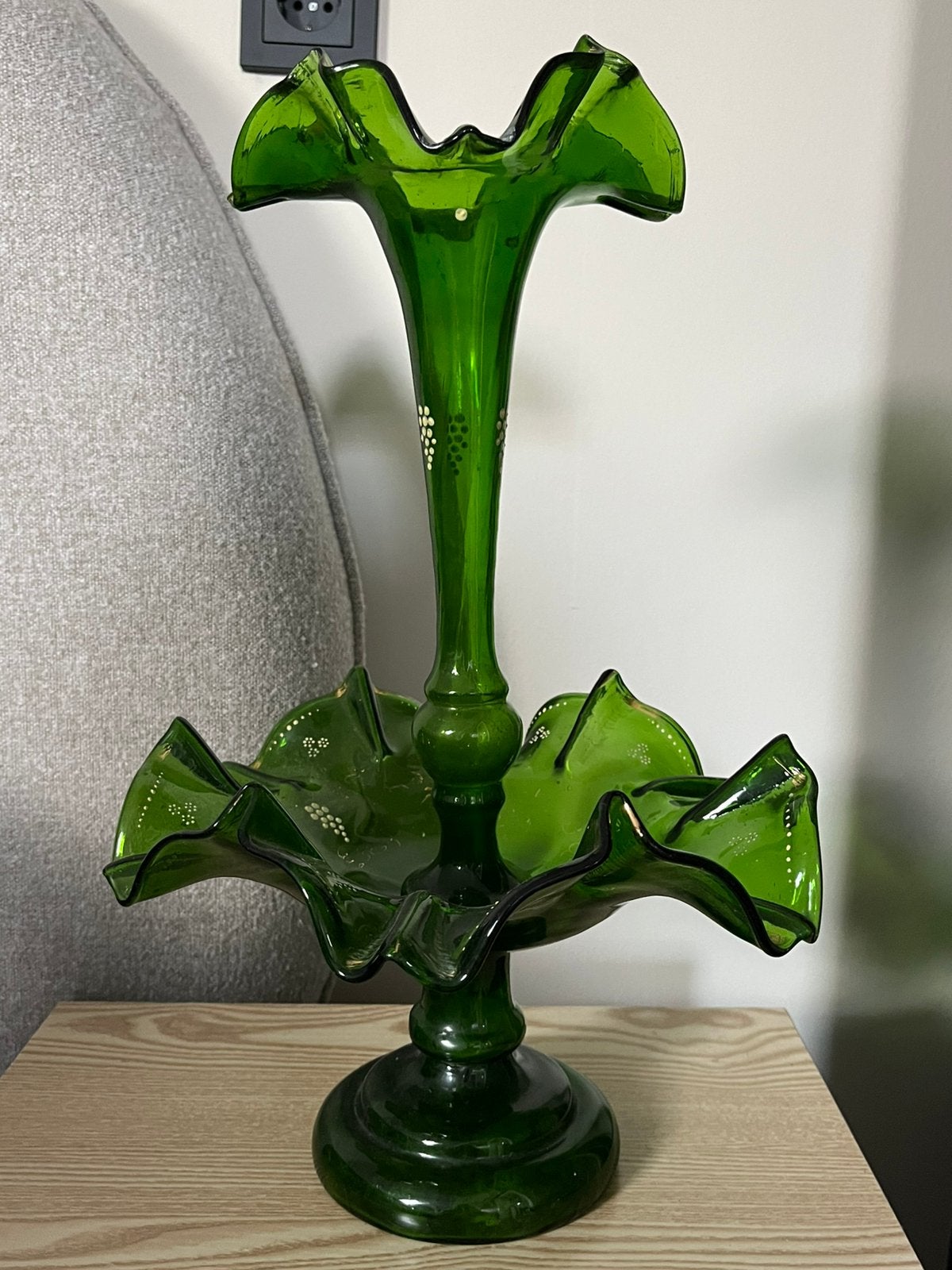 Antieke Glazen Epergne Bordsiersel Groen Kunstglas (ca.1890), Ophalen
