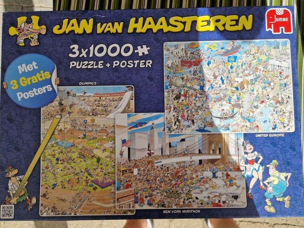 Jan van Haasteren 3x1000 stukjes puzzels + posters, Ophalen, 500 t/m 1500 stukjes, Gebruikt, Legpuzzel