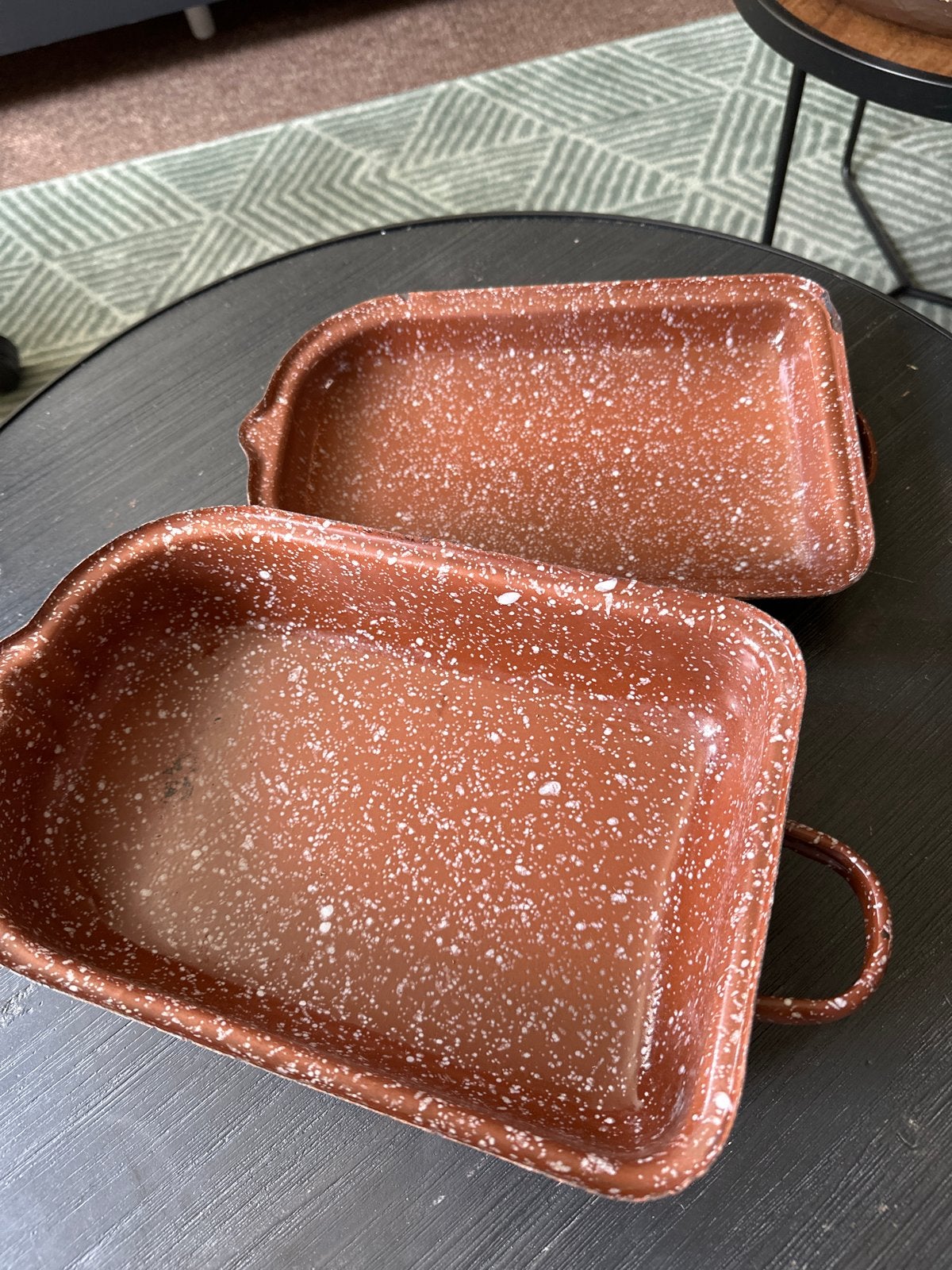 Set van 2 vintage emaille ovenschaaltjes, Ophalen of Verzenden