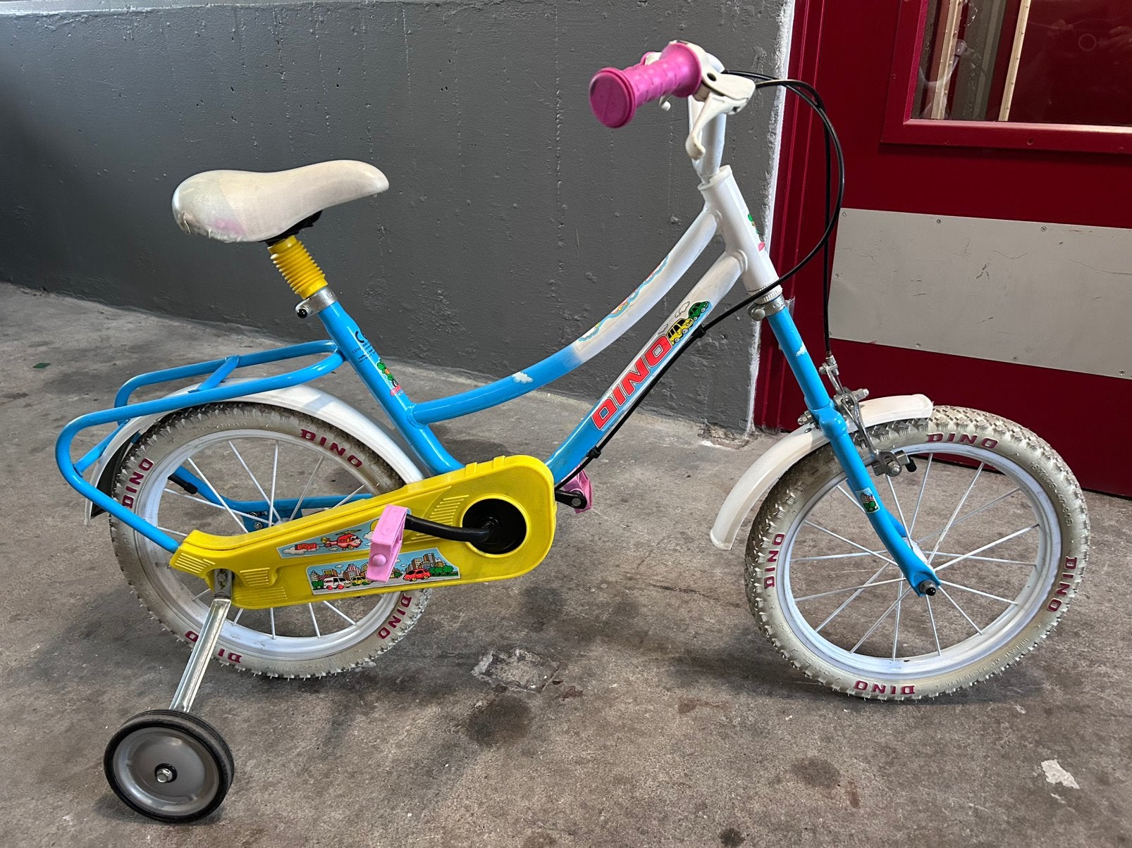 Kinderfiets DINO met zijwieltjes - Blauw/Wit. 16 inch, Fietsen en Brommers, Fietsen | Kinderfietsjes, Ophalen, Zijwieltjes, Velgrem