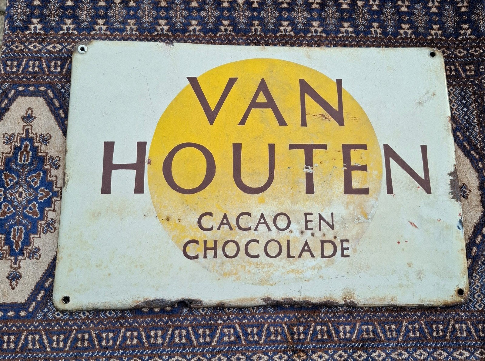 emaille reclamebord van houten cacao en chocolade, Verzamelen, Ophalen of Verzenden, Gebruikt, Reclamebord
