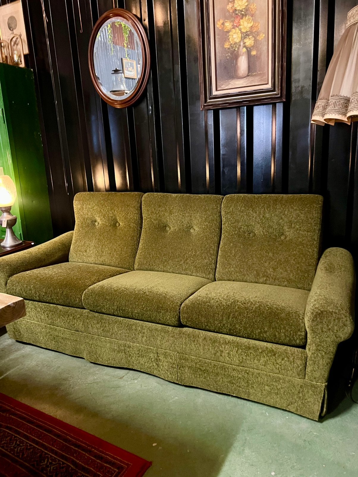Vintage bank mos groen, Ophalen, Driepersoons, 75 tot 100 cm, Zo goed als nieuw