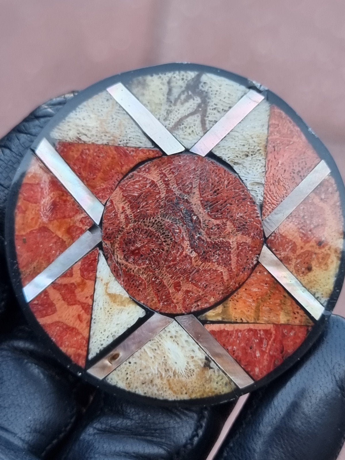 Vintage 90's ingelegde koraal broche, Ophalen of Verzenden