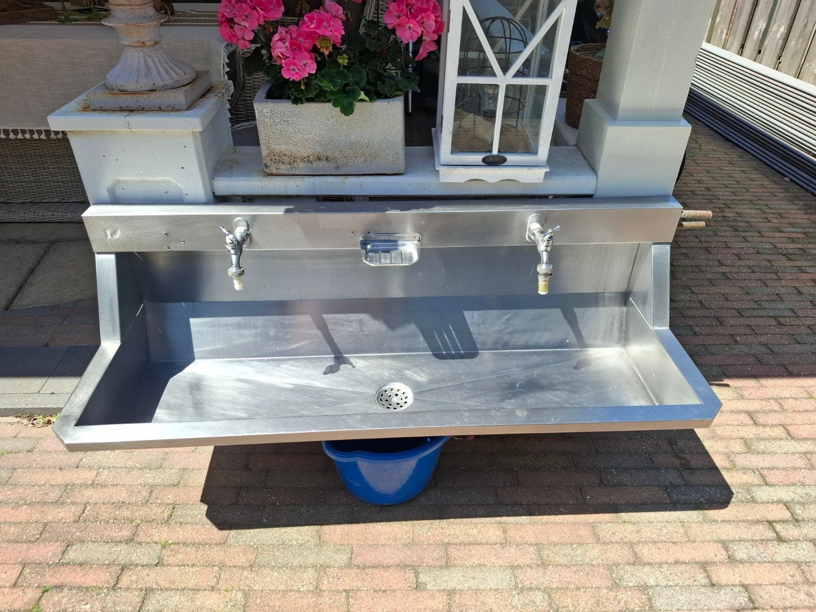 Rvs wastrog wasbak spoelbak intersan 120 cm 2 kranen, Ophalen, Gebruikt, Rvs, Wastafel