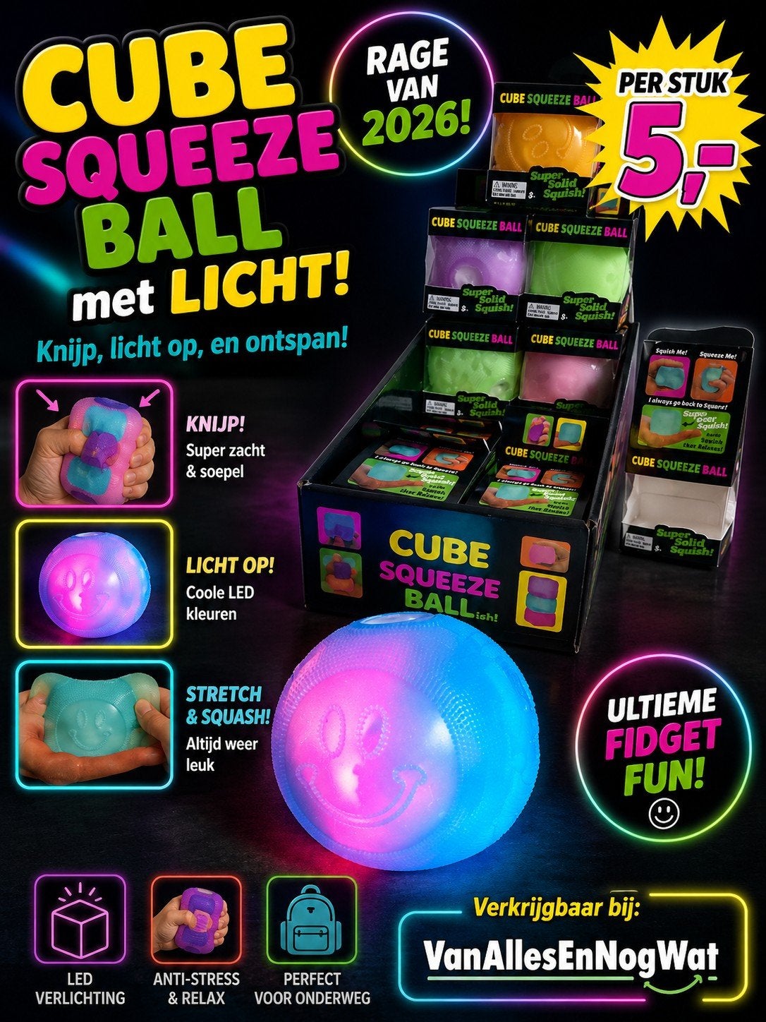 Cube Squeeze Ball met Licht - Ultieme Fidget Fun!, Ophalen, Nieuw