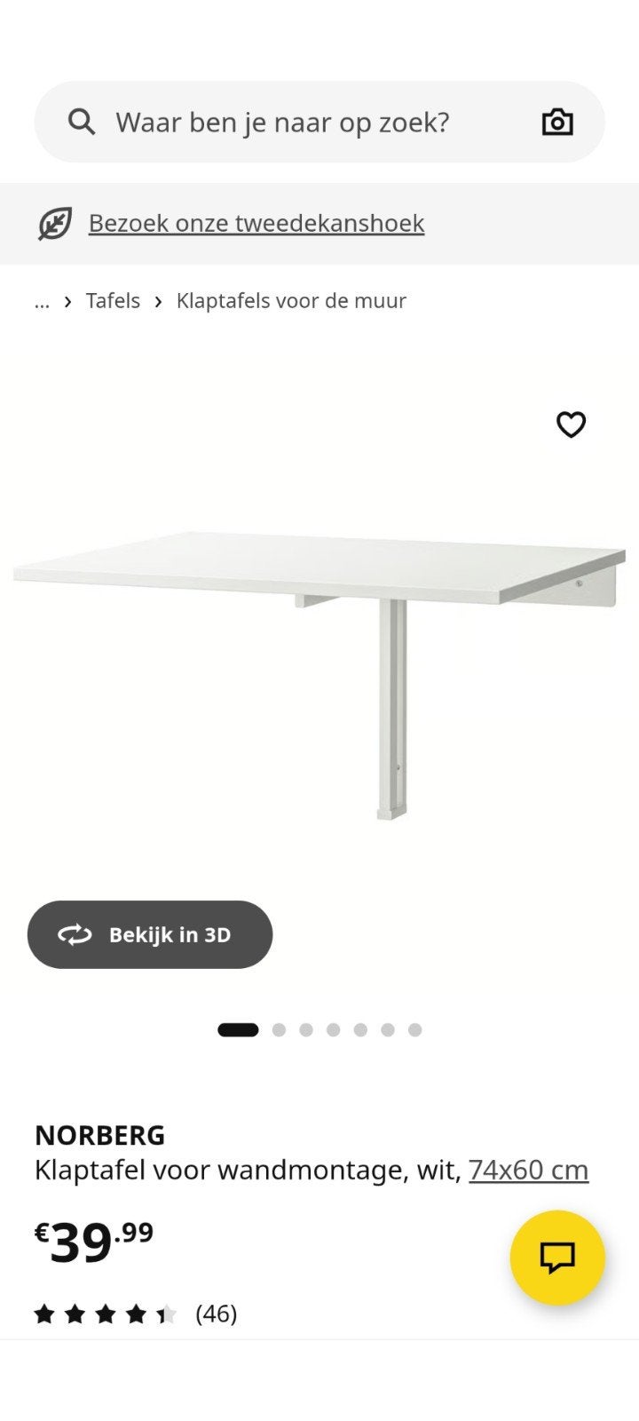 Ikea NORBERG inklapbare wandtafel wit, 74x60 cm, Ophalen, Overige materialen, Gebruikt, 50 tot 100 cm