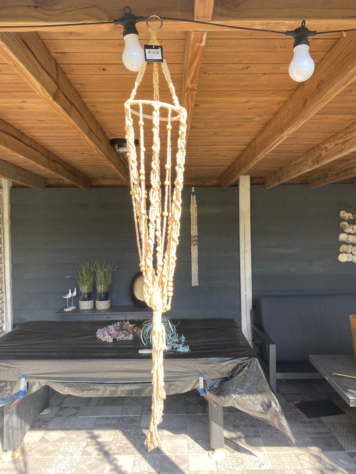 Macramé plantenhanger met houten kralen (beige), Beige, Boho, Ophalen of Verzenden, Zo goed als nieuw