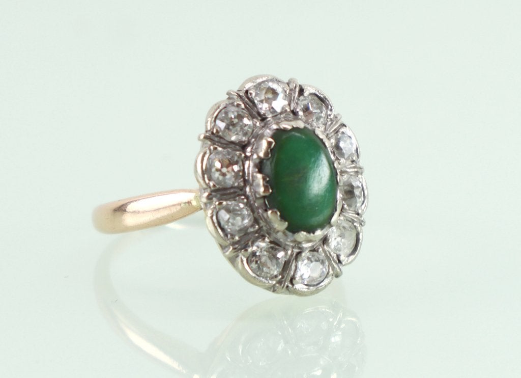 Antieke gouden ring met jade en diamanten, ca. 1920, Ophalen of Verzenden, Goud, Ring, Met edelsteen