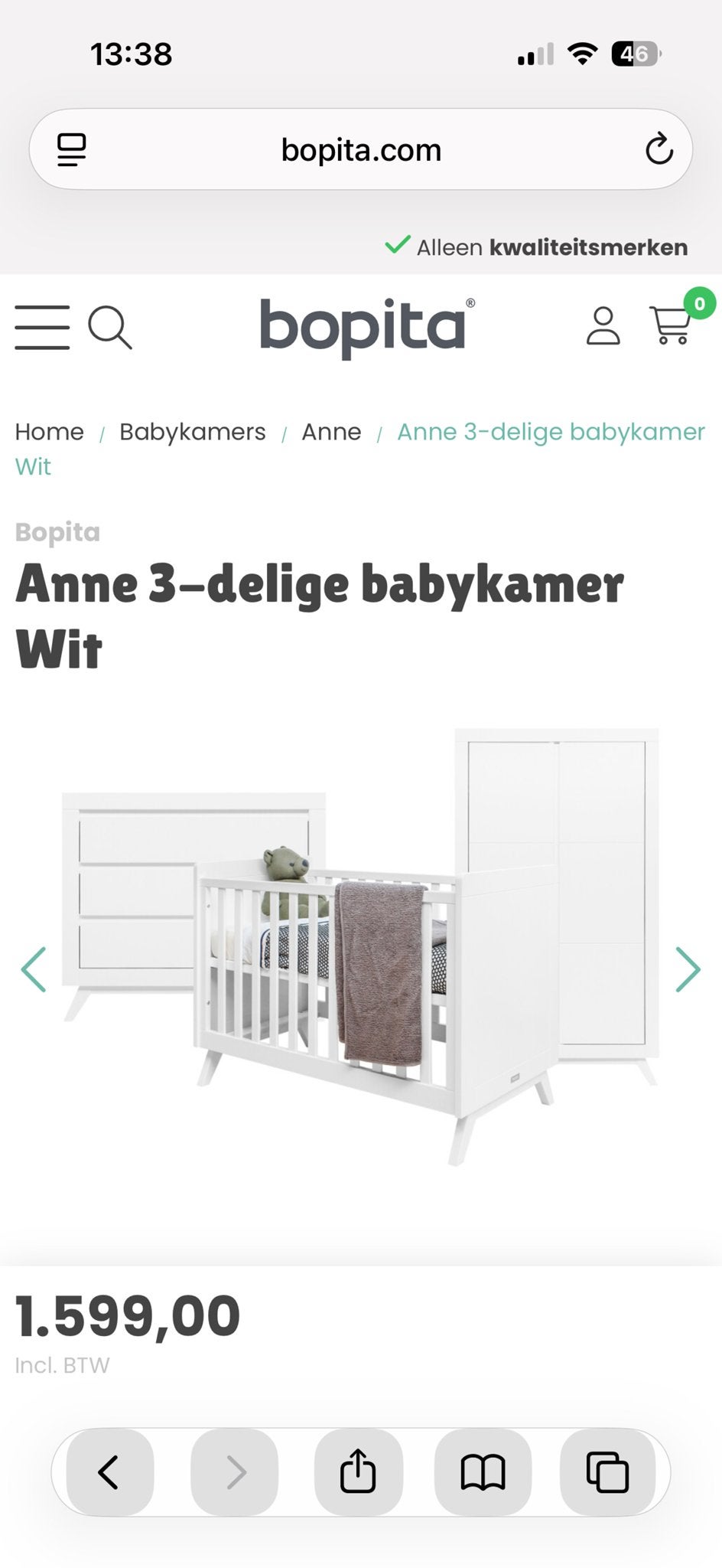Bopita Anne 3-delige babykamer Wit (ledikant, commode, kast), Ophalen, Gebruikt, Jongetje of Meisje