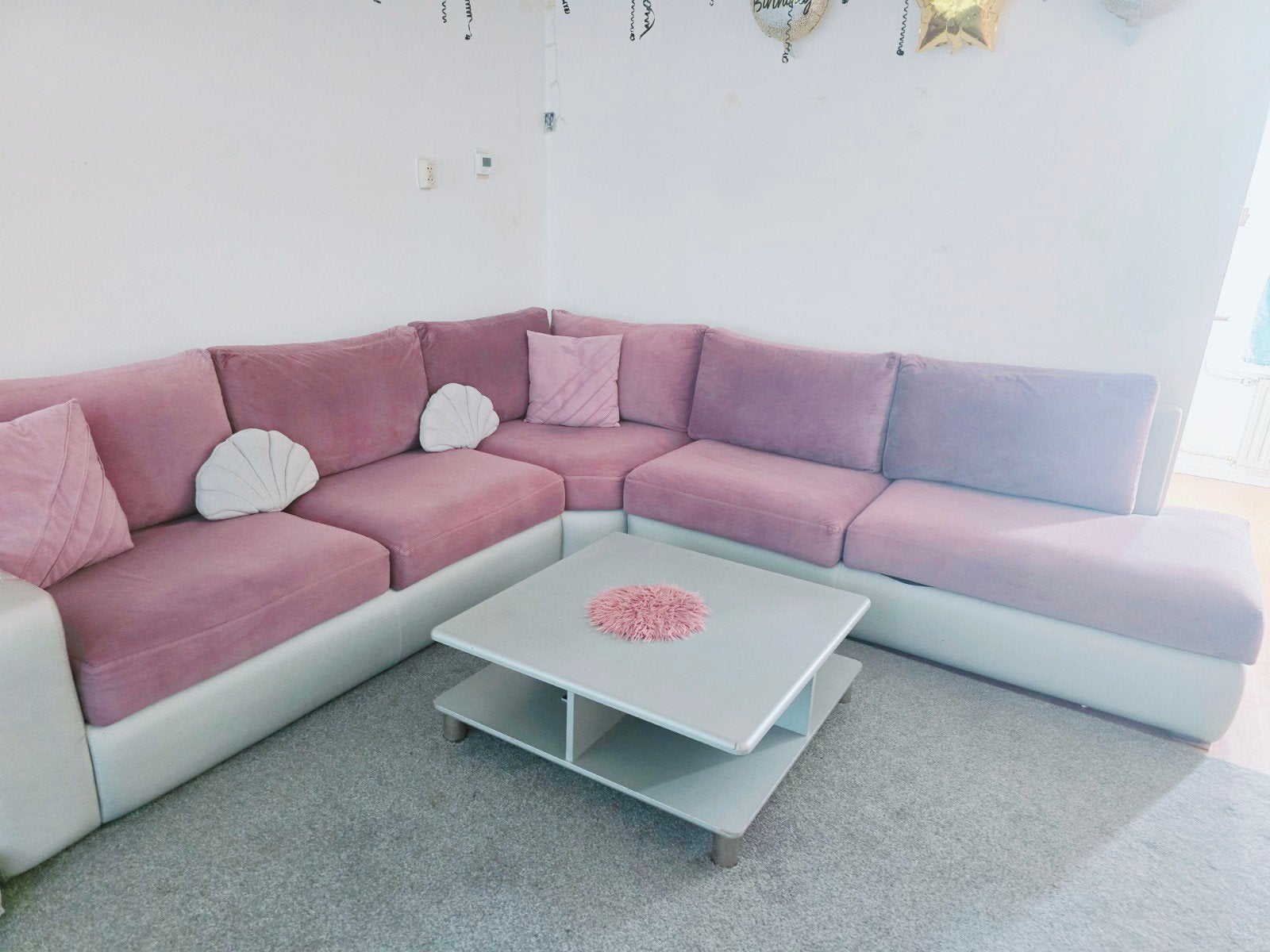 Grote loungeset met tafel, vloerkleed, eettafel en kastje, Ophalen, Gebruikt, Hoekbank, 300 cm of meer