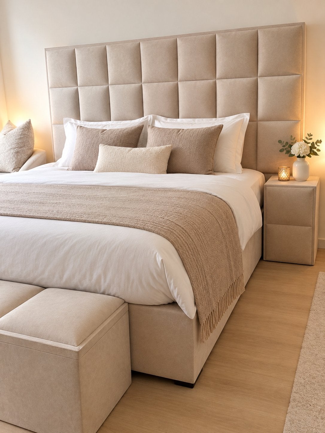 Luxe velvet boxspring + nachtkastje te koop, Ophalen, Beige, Tweepersoons, Zo goed als nieuw