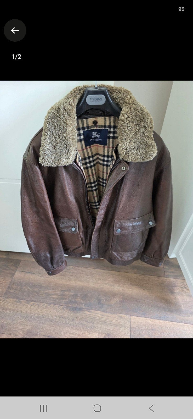 Burberry Leren pilotenjack met Schapenvacht kraag, Ophalen, Bruin, Overige maten, Zo goed als nieuw