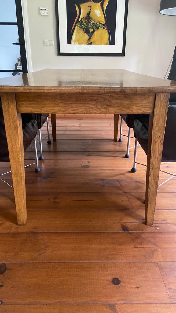 Elegante Eiken Tafel met Lade en Koperen Beslag, Ophalen, Gebruikt, Eikenhout, 50 tot 100 cm