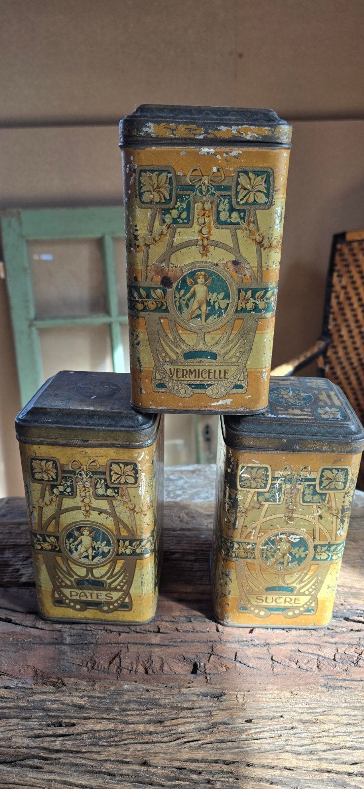 3 oude Franse engel blikken Sucre Pates Vermicelle, Antiek en Kunst, Curiosa en Brocante, Ophalen of Verzenden