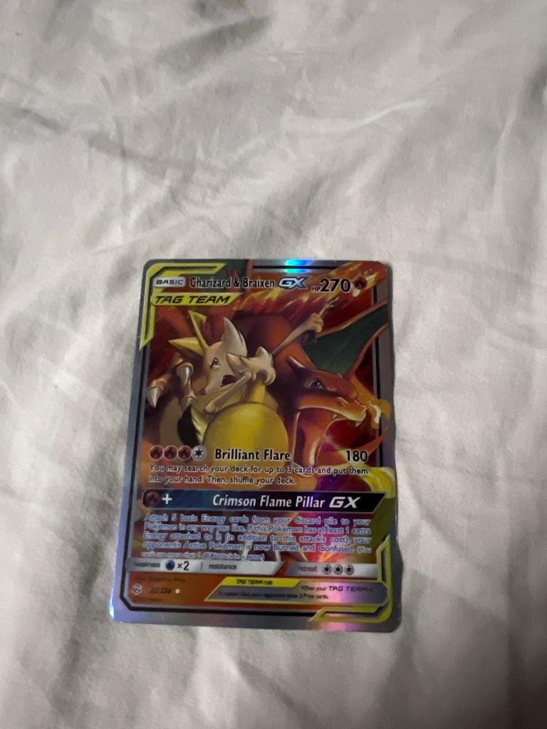 Charizard & Braixen GX Tag Team Pokémon Kaart, Ophalen of Verzenden, Zo goed als nieuw, Losse kaart, Foil