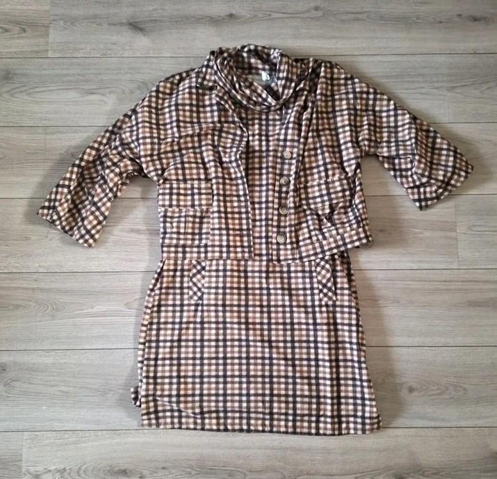 Jane Lushka travelstof jurk met jasje set ruit XL 42, Bruin, Maat 42/44 (L), Ophalen of Verzenden, Zo goed als nieuw
