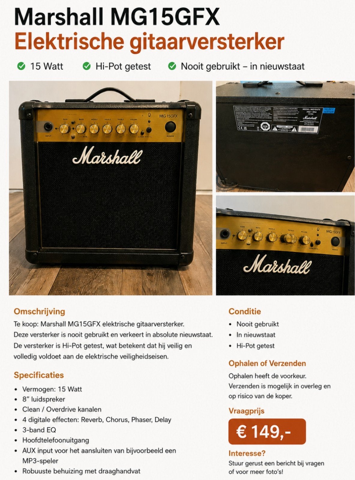 Marshall MG15FX gitaarversterker - Zo goed als nieuw, Ophalen of Verzenden, Zo goed als nieuw, Minder dan 50 watt
