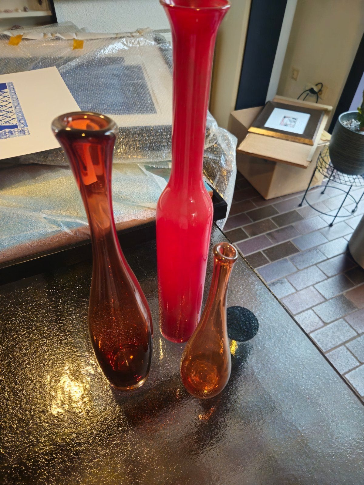 3 Leerdam glazen vazen in rood/oranje tinten (ook per stuk), Ophalen of Verzenden