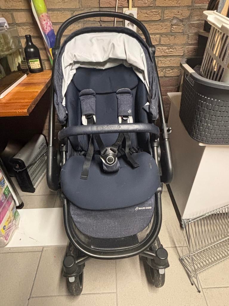 Complete Maxi Cosi set denim blauw: kinderwagen, autostoel, Ophalen, Gebruikt, Combiwagen, Verstelbare duwstang