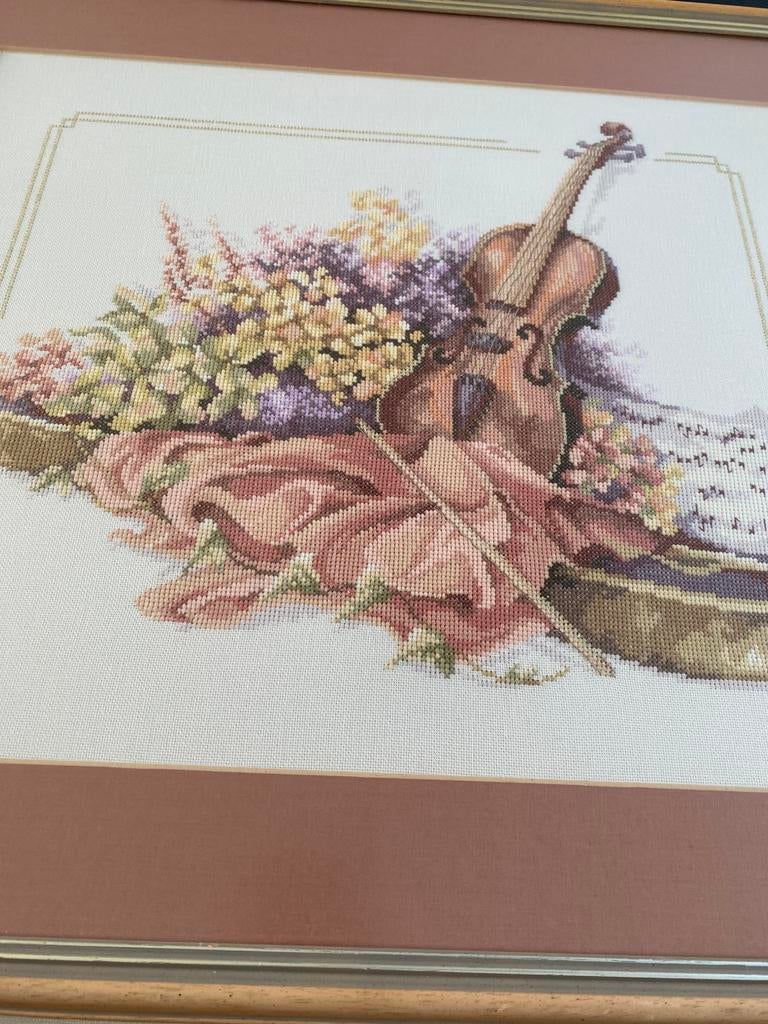 Geborduurd en professioneel ingelijst -viool- 52x60 cm, Ophalen, Zo goed als nieuw, Overige typen