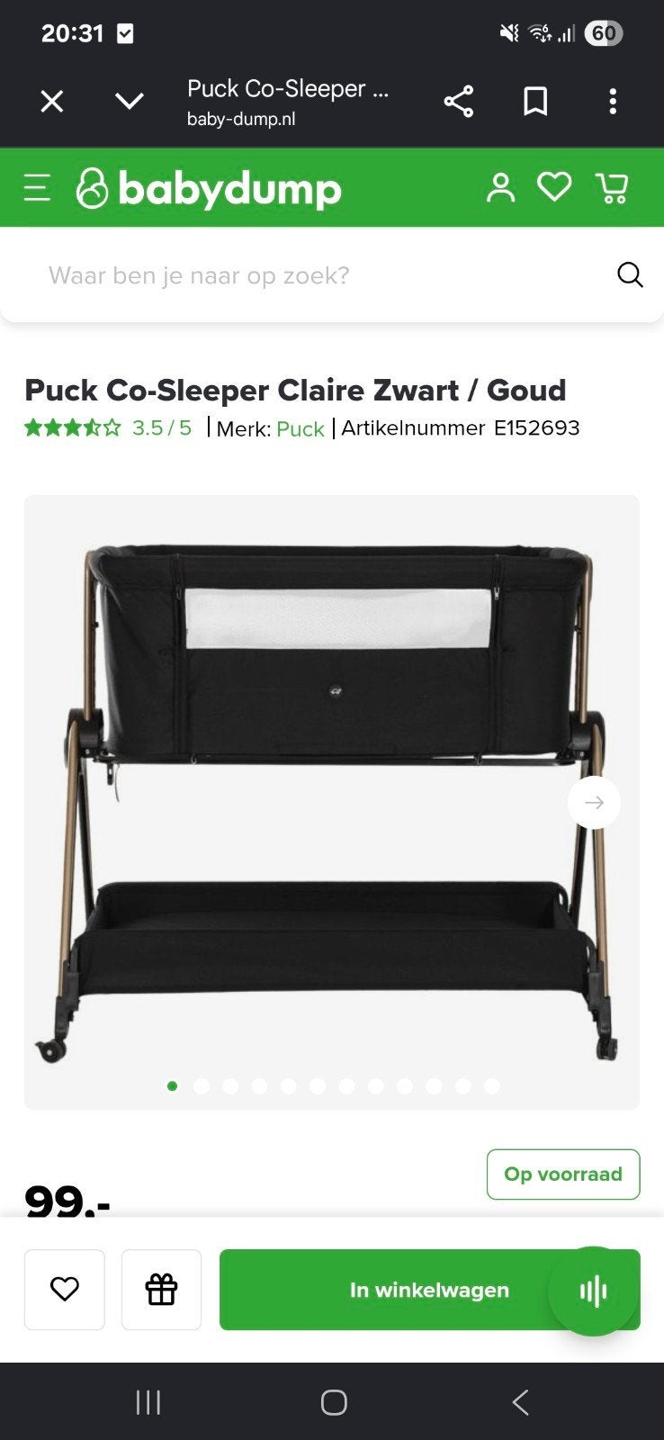Puck Co-Sleeper Claire – zwart/goud – wiegje naast bed, Ophalen, Zo goed als nieuw, Wieg