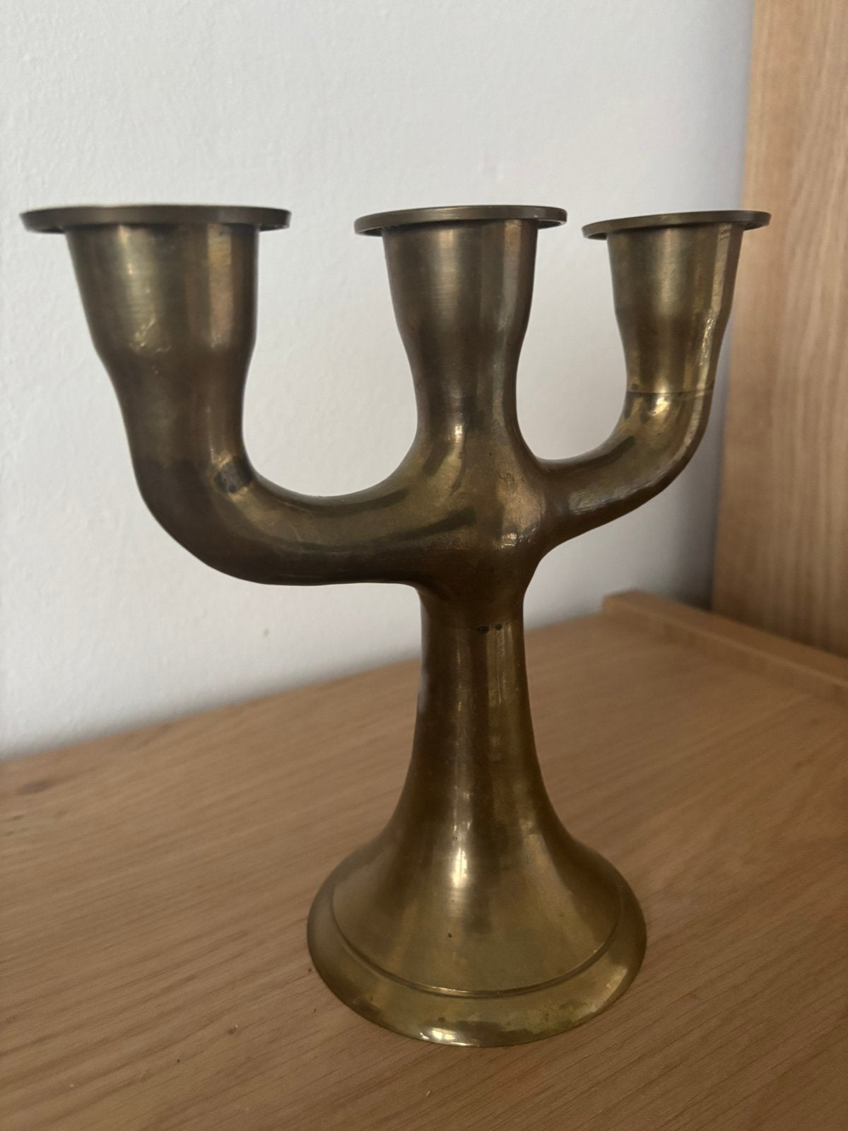 scandinavische kandelaar 3 armig messing vintage brass, Ophalen, Koper of Brons