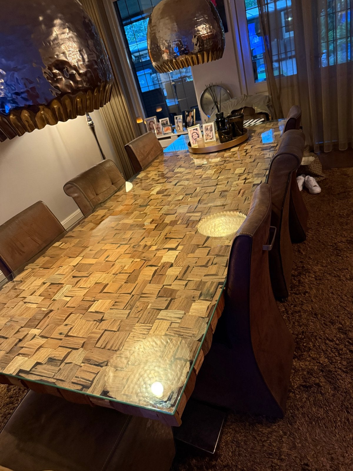 Luxe Eettafel met Houten Mozaïek en Glazen Blad, Ophalen, Gebruikt, 100 tot 150 cm, 200 cm of meer