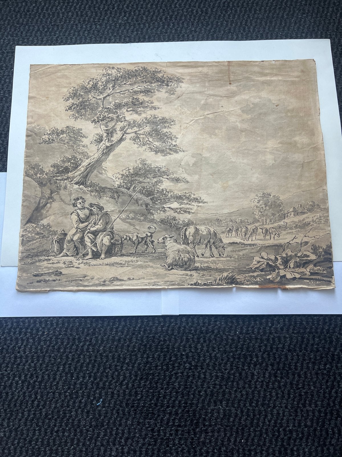 Antieke tekening: Pastorale scène met figuren en vee, Ophalen of Verzenden, Aquarel, Gesigneerd