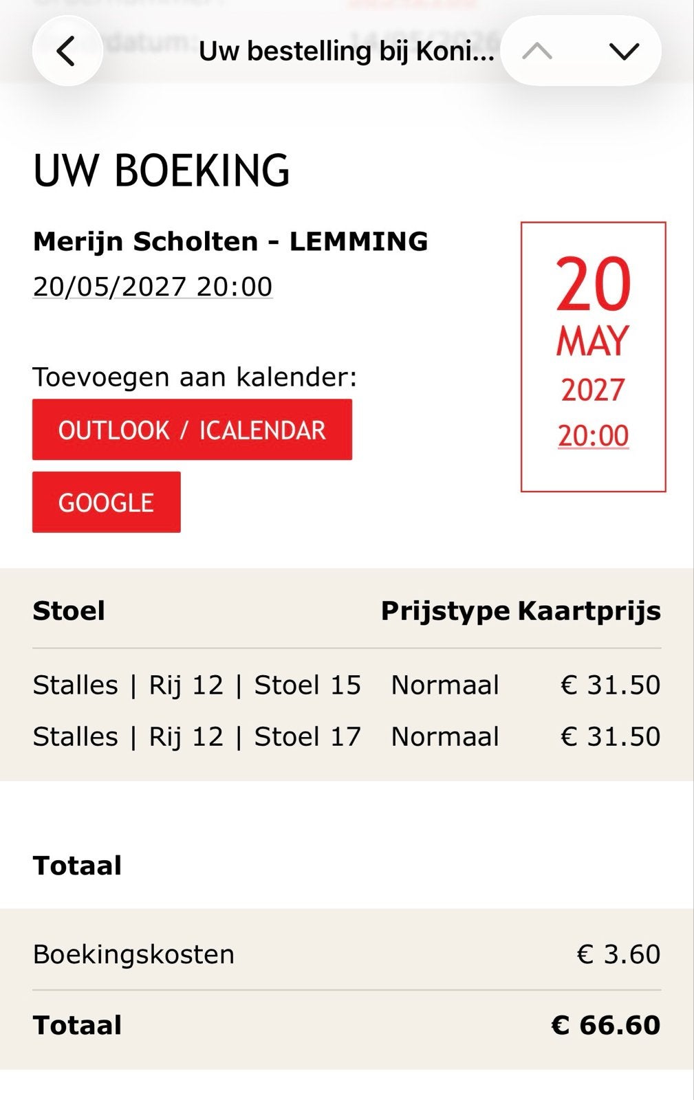 2 Kaarten Merijn Scholten Carré Amsterdam 20/5/27, Twee personen, Mei