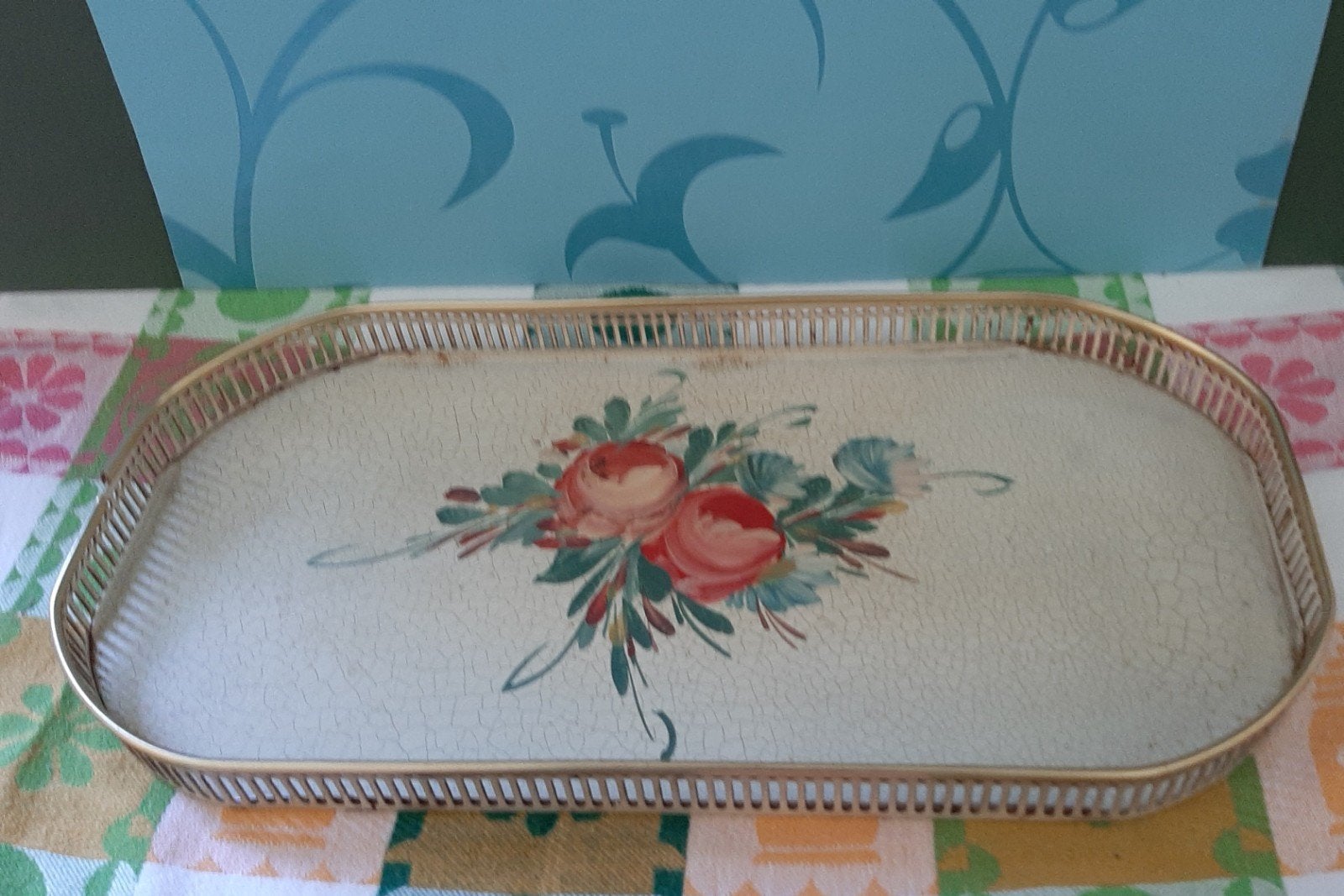 Vintage sfeervol  luxe metalen dienblad., Huis en Inrichting, Ophalen of Verzenden, Gebruikt, Metaal