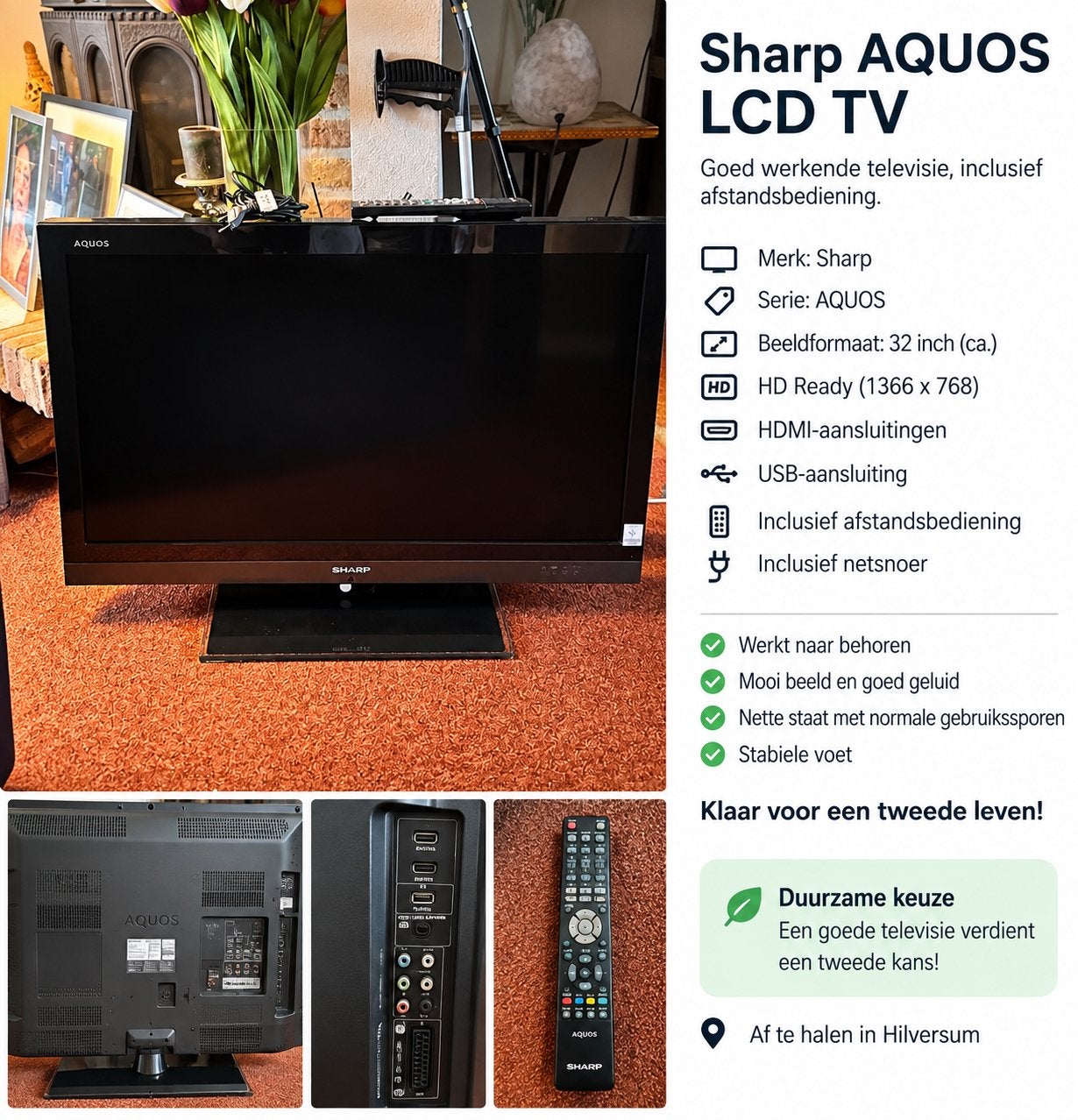 Sharp AQUOS LCD TV 32 inch HD Ready met afstandsbediening, Ophalen, Gebruikt, 50 Hz, 80 tot 100 cm
