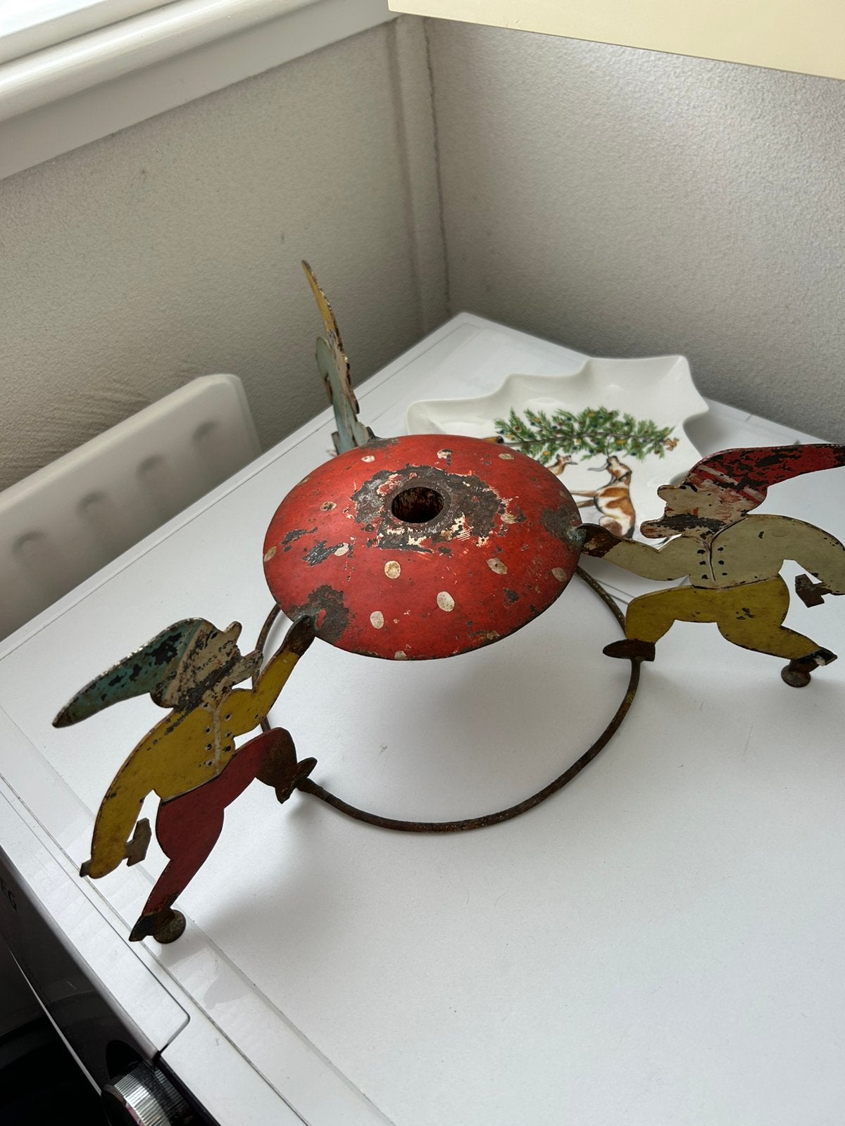Antieke stalen kerstboom standaard kabouters, Ophalen of Verzenden, Gebruikt