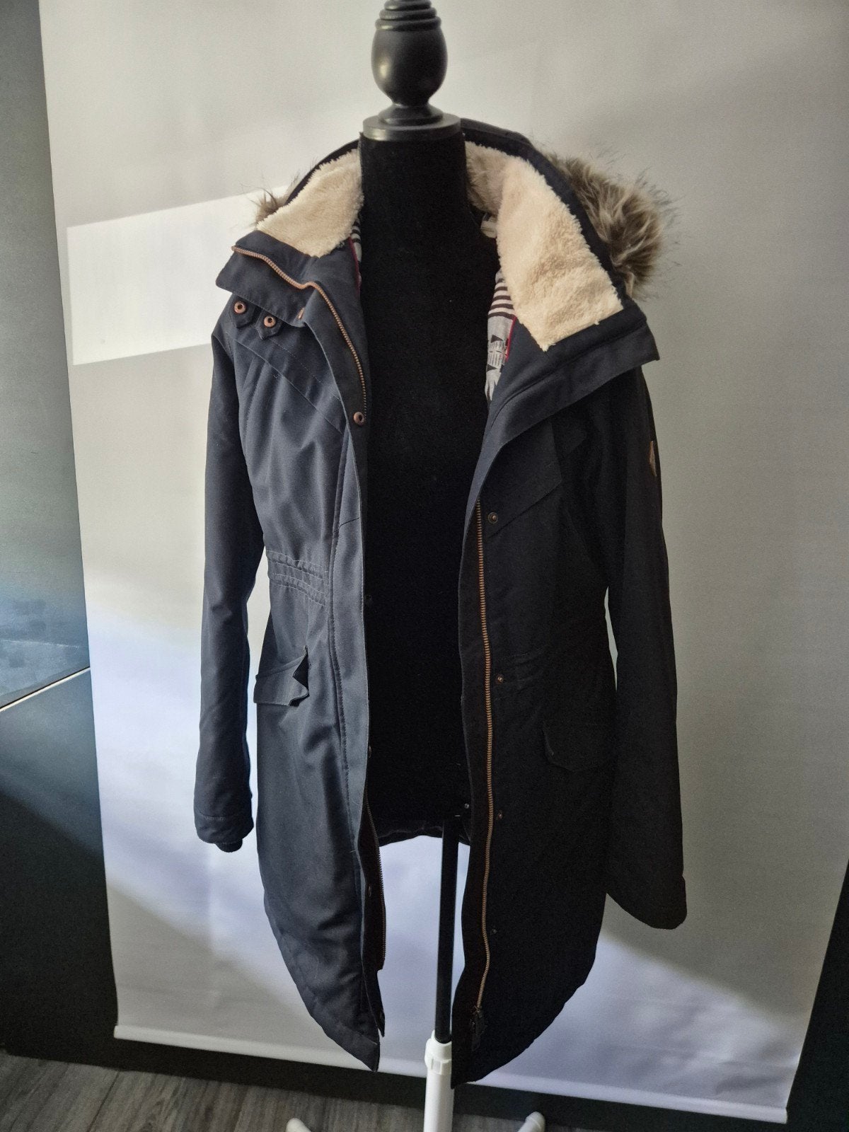 O'Neill The Journey Parka - donkerblauwe met bontkraag, Maat 38/40 (M), Zwart, Ophalen of Verzenden, Zo goed als nieuw