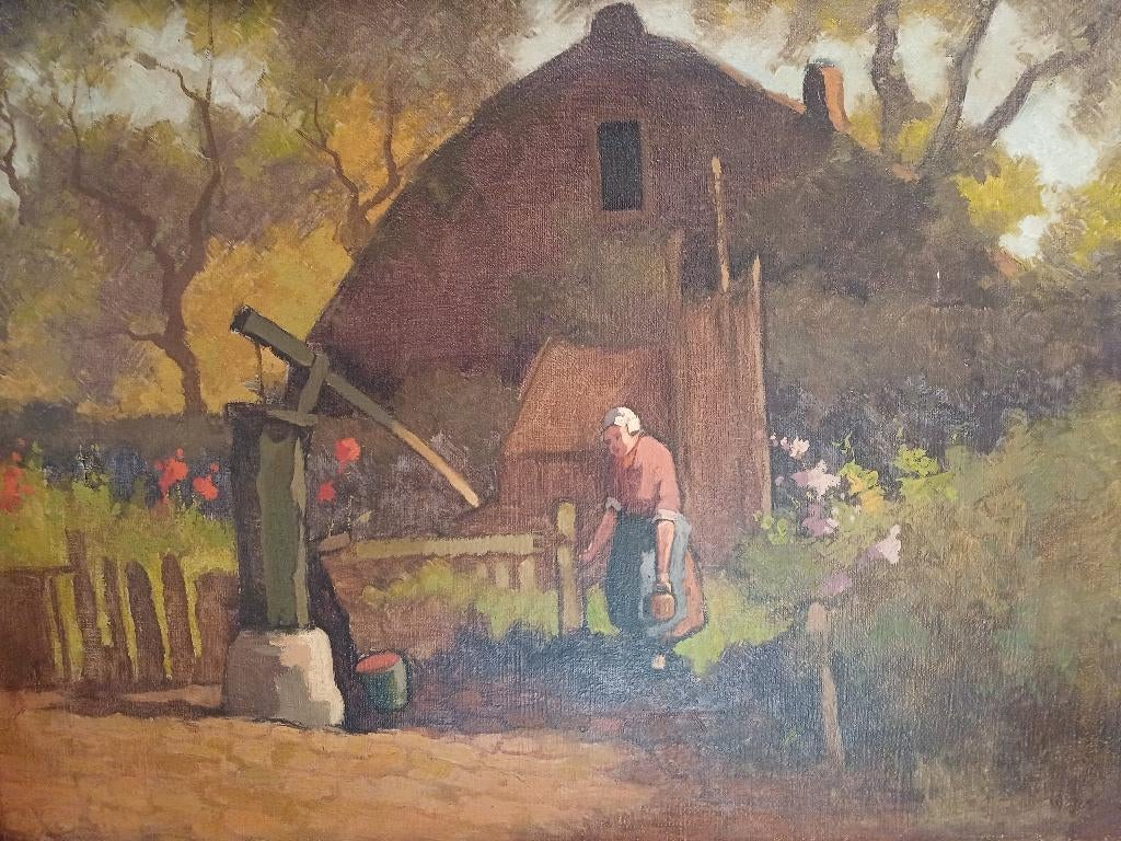 Antiek schilderij waterpomp met vrouw, Ophalen of Verzenden