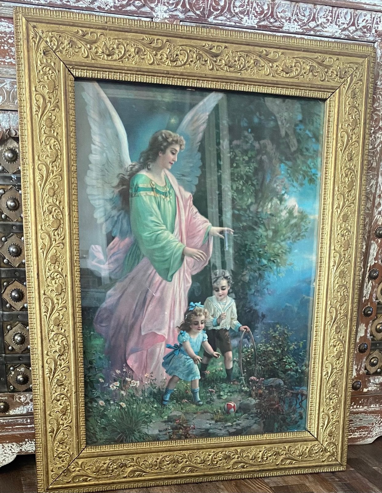vintage poster van een engel die over twee kinderen waakt, Ophalen, Gebruikt