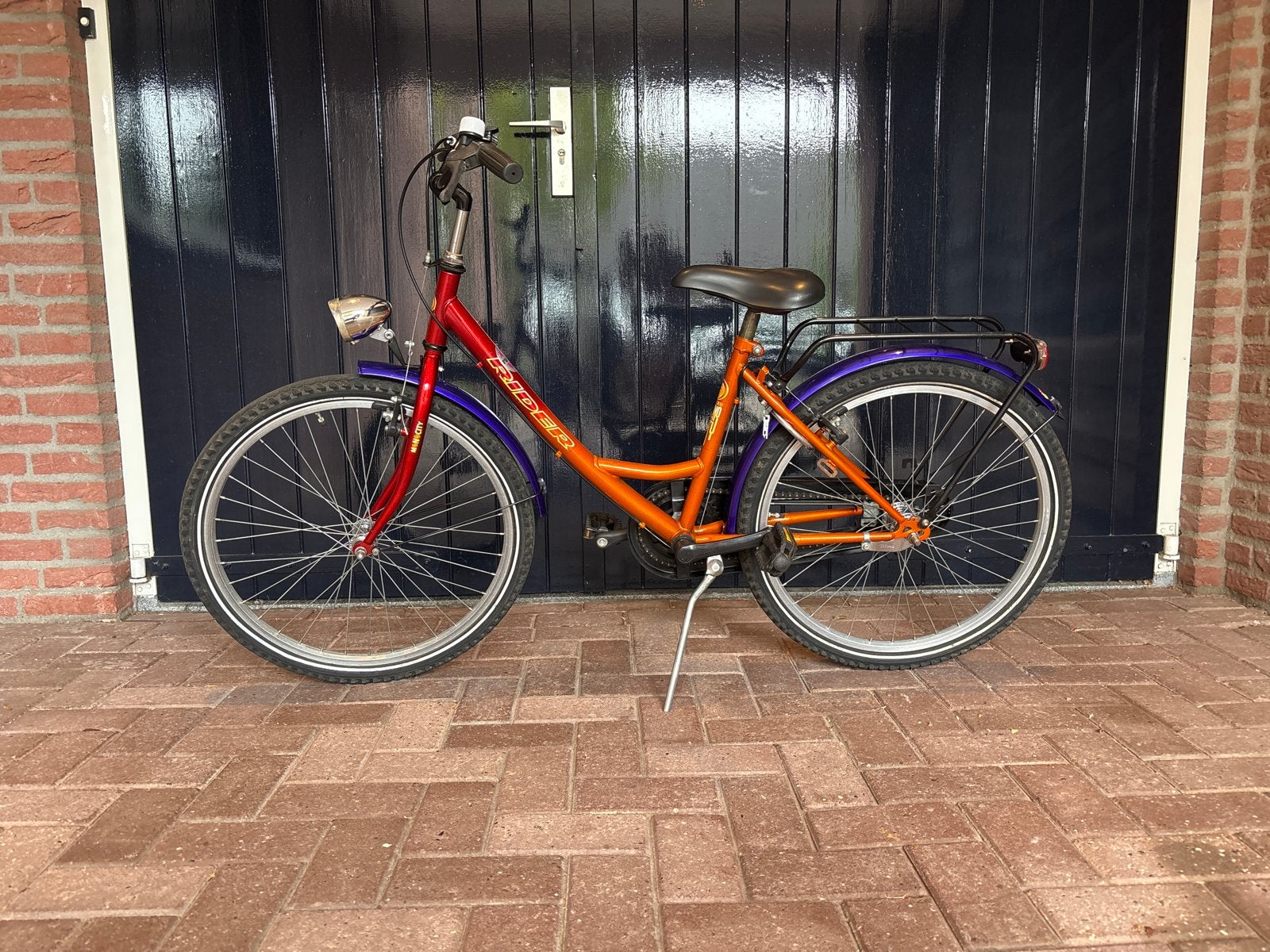 Kinderfiets 24 inch - Rood/Oranje met paarse spatborden, Gebruikt, Velgrem, Minder dan 49 cm, Ophalen