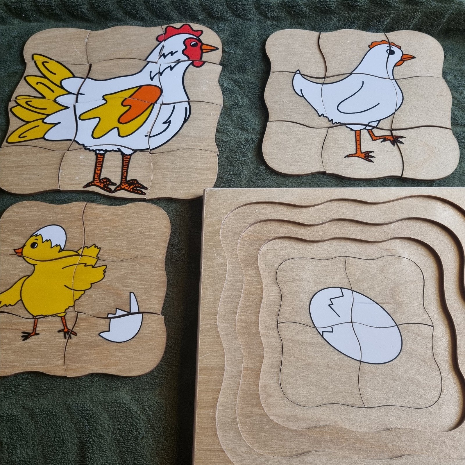 Houten puzzels: kip, kuiken en ei 4 stuks educo, Ophalen of Verzenden, Van hout